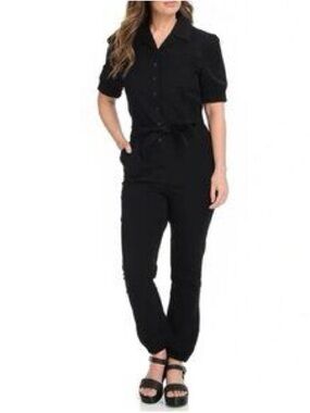 Mod.x Black Button Front Utility Jumpsuit | Tie Waist | Puff Sleeve | Size M